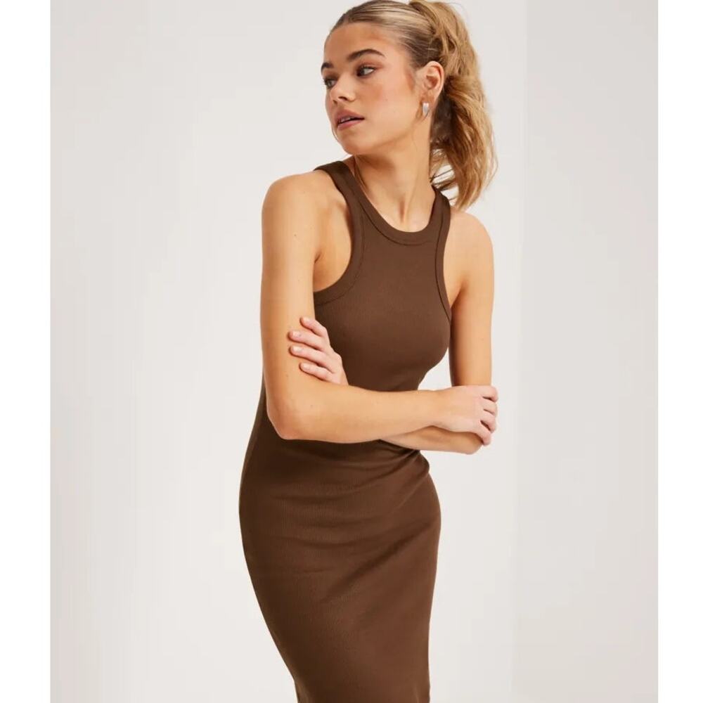 Noisy May NEW NMMAYA Brown Ribbed Halter-Neck Bodycon Tank Dress Women's Large